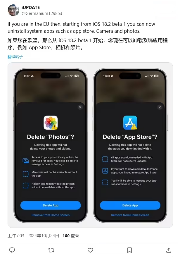 江海苹果手机维修分享iOS 18.2 支持删除 App Store 应用商店 